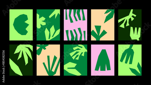 Textured vector background with cutout botanical plants and playful patterns. Abstract colorful funky design for cards, posters, covers and branding.