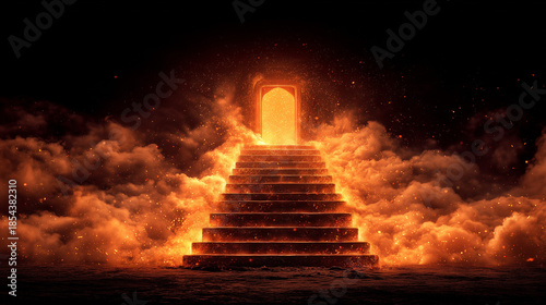 Glowing staircase made of fire leading to a blazing door to hell, dramatic dark fantasy scene symbolizing danger, punishment, and the terrifying path to the underworld.