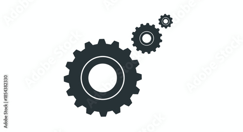 A series of interconnected dark grey vector gears of various sizes are arranged diagonally on a clean white background, symbolizing progress and mechanical processes.