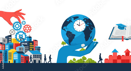 A vibrant vector illustration showcasing global business concepts, featuring hands holding a clock and globe, cityscapes, and gear elements, representing time, progress, and worldwide connections.