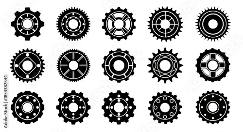 A collection of various gear and cogwheel designs, presented in a vector format, suitable for illustrating engineering, mechanics, industrial, and technological concepts on a white background.