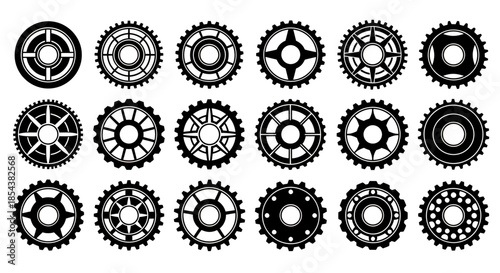 A comprehensive collection of diverse black vector gears and cogs, perfect for industrial design, engineering concepts, or technological illustrations.