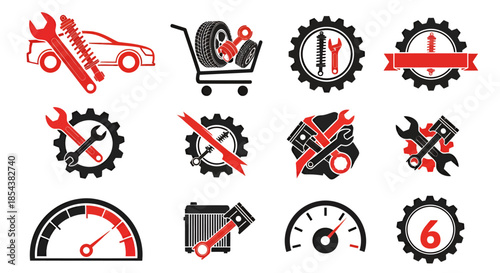 A collection of vector graphics featuring automotive repair tools, gears, and car parts, designed in a bold red and black color scheme, perfect for mechanic and auto repair shop branding.