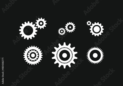 Set of white gear and cogwheel icons isolated on black background. Modern flat vector symbols for industrial mechanism and technology process