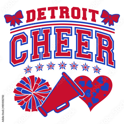 Cheerleader illustration with Megaphone, Pom-poms, and Varsity Style Elements.