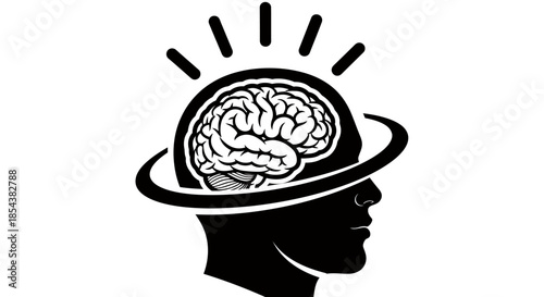 This conceptual vector illustration depicts a human head silhouette with a detailed brain, symbolizing intelligence, creative thinking, and innovative ideas.