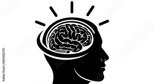 A stylized vector illustration depicts a human silhouette with a glowing brain, symbolizing ideas, innovation, and mental processes within a creative or educational context.