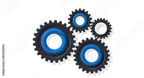 A vector illustration features interconnected black and blue gears, symbolizing teamwork, engineering, and mechanical processes on a clean white background.