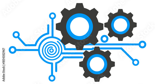 A modern vector illustration displays three interconnected mechanical gears integrated with a futuristic digital circuit board, symbolizing technological innovation.