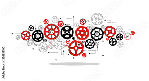 An abstract vector illustration featuring a dynamic arrangement of interconnected gears in red, black, and white, creating a visually engaging design element.