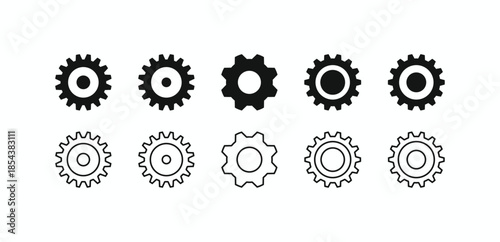 Gear icon set featuring solid and outline styles. Versatile black vector cogwheels for industrial design, technical settings, engineering, and creative process concept