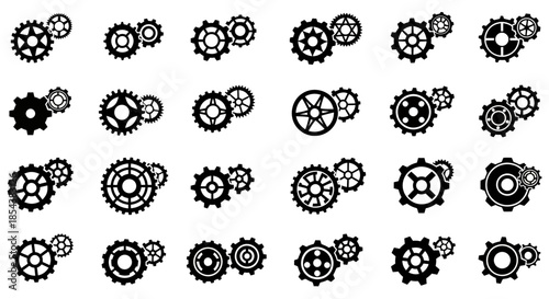 A comprehensive collection of black vector gear icons representing various mechanical components and industrial processes, isolated on a white background.