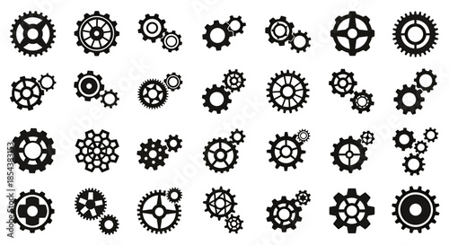 A comprehensive collection of diverse black and white vector gear icons, perfect for illustrating mechanical processes and technological concepts.