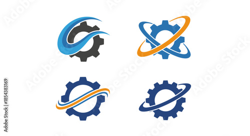 A set of four vector illustrations featuring cogwheels encircled by abstract shapes, representing innovation, technology, and industrial processes with a modern design aesthetic.