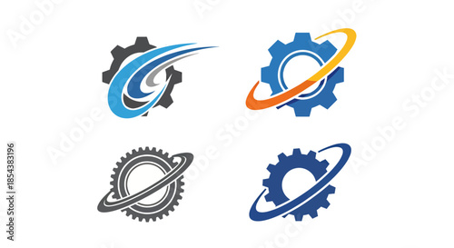A collection of vector gear illustrations showcasing mechanical engineering concepts with dynamic orbital elements, perfect for technology and industrial design projects.