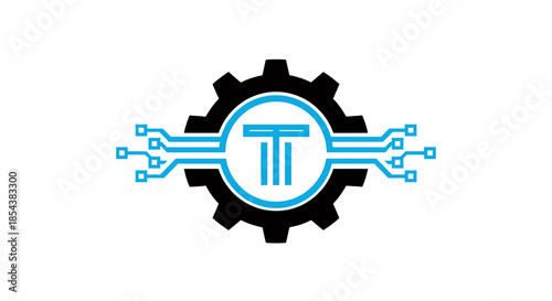A modern vector illustration featuring a black cogwheel integrated with a blue digital circuit design, symbolizing technological innovation and engineering solutions.