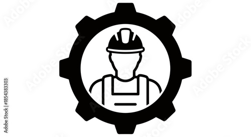 A vector illustration depicts a construction worker icon inside a gear, representing industry, engineering, and the concept of teamwork and mechanical processes with a simple, modern design.