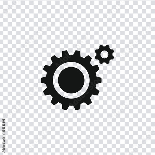 Black gear and cogwheel icon isolated on transparent background. Minimalist vector symbol for industrial mechanism, technical settings, engineering process, and machinery concepts