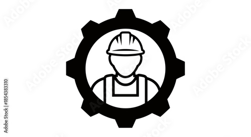A vector illustration depicts a construction worker wearing a hard hat, centered within a stylized gear, symbolizing industry and skilled labor in a minimalist design.
