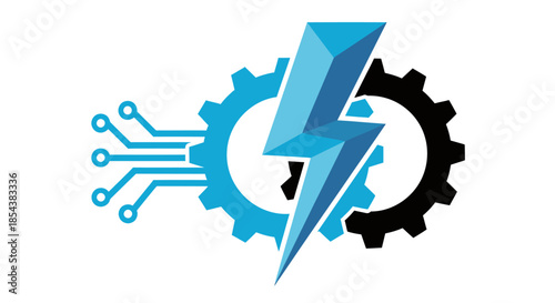 This dynamic vector illustration combines a powerful lightning bolt with intricate gears and circuit elements, symbolizing modern engineering and technological innovation.