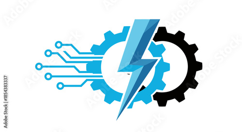 A dynamic vector illustration showcases a stylized gear design with a lightning bolt, circuit board elements, and a modern, tech-inspired aesthetic, suitable for various technological and industrial