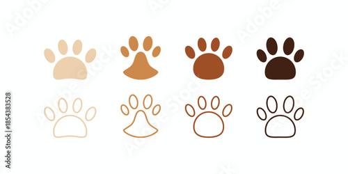 Animal paw print icon set in brown colors. Vector illustration of dog or cat footprints in solid and line art style for pet shop or veterinary logo
