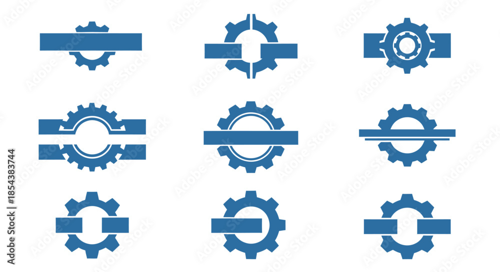 Obraz premium A collection of stylized blue gear vector illustrations, arranged in a grid, ideal for representing technology, industry, or mechanical concepts, perfect for design elements.