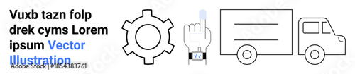 Gear mechanism, smartwatch with touch interaction, and delivery truck. Ideal for technology, logistics, automation, innovation, industry transportation product development. Simple landing page