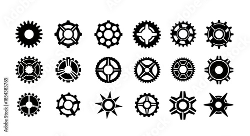 Set of simple black gear wheels, cogwheels, and sprocket icons in a flat style, mechanically linked, used for machinery, engineering, and manufacturing, vector illustration.