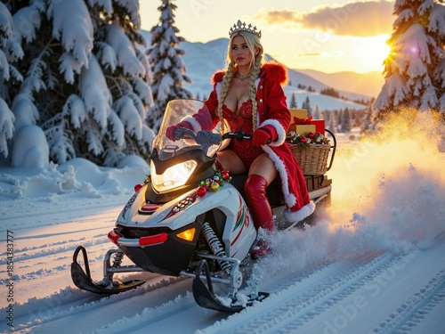 A Snow Maiden races on a festive snowcrawler through a winter forest with mountains background in the rays of the setting sun.