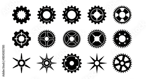 A diverse collection of black silhouette gear and cog vector icons, perfectly isolated on a clean white background, ideal for various industrial and mechanical design.