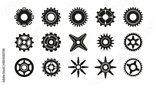 A collection of various gear and cogwheel vector illustrations in black and white, perfect for mechanical, industrial, and technological design, showcasing different shapes and styles.