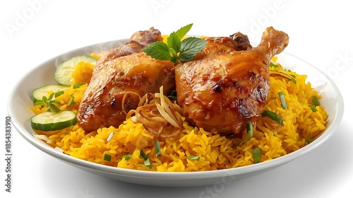 Traditional oriental chicken and rice meal decorated with herbs and nuts.