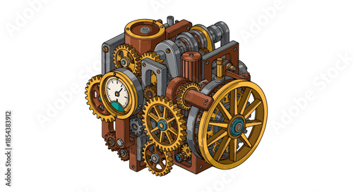 Isometric vector illustration showcases a complex steampunk machine with intricate gears, pressure gauge, and aged metallic textures, evoking a sense of vintage industrial fantasy.