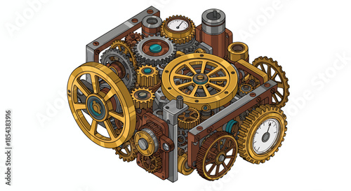 A detailed vector illustration showcases a complex arrangement of mechanical gears, cogs, and timepieces, rendered in a steampunk aesthetic, perfect for design projects and technical concepts.