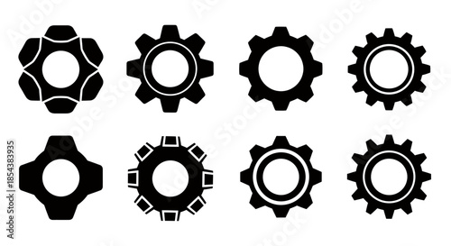 Set of eight gear icons in black, representing various mechanical or industrial concepts, presented as clean, scalable vector graphics for design applications.