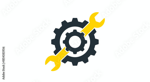 A sleek vector illustration depicts a dark grey cogwheel with a bright yellow wrench crossing over it, symbolizing repair, settings, or mechanical solutions.
