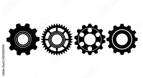 A set of four black gear vector illustrations, perfect for use in industrial design, mechanical engineering, or technology-related projects, offering a clean and modern visual.