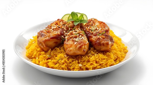 Roasted chicken with yellow turmeric rice on white plate isolated.