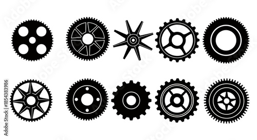 A collection of ten unique black gear vectors are arranged horizontally against a white background, perfect for mechanical, industrial, or abstract design projects.