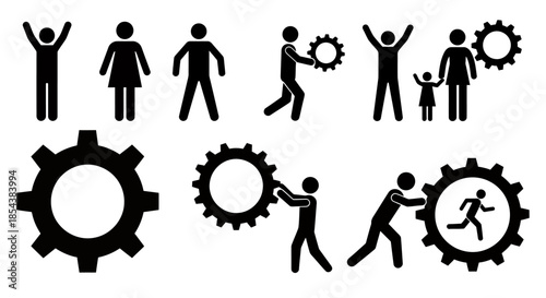 A collection of vector illustrations showcasing stick figures interacting with gear symbols, representing teamwork, collaboration, and various business concepts in a simple, graphic style.
