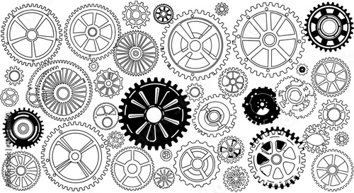 A detailed vector illustration showcasing a complex arrangement of various mechanical gears and cogs in a black and white outline style.