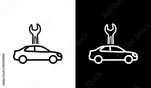 Car repair and service line icon, sedan with wrench symbol.