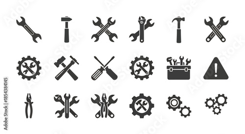 A collection of various mechanical tools, including wrenches, hammers, gears, and a toolbox, presented in a simple, flat vector style, perfect for illustrating repair and construction concepts.