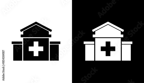 Hospital building icon set, minimalist medical facility symbol for healthcare.