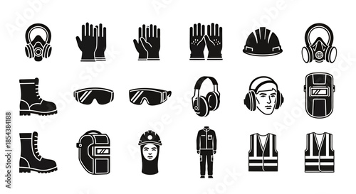A comprehensive collection of essential personal protective equipment (PPE) vector icons for workplace safety and industrial protection.