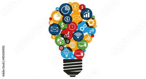 A vibrant vector illustration depicts a creative lightbulb filled with colorful icons representing ideas, innovation, and digital concepts, perfect for business and technology themes.