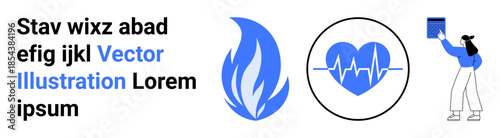 Education, healthcare, digital learning, personal growth, fire safety, fitness tracking. Blue flame, heart rate monitor woman reading. Education and healthcare concepts visually