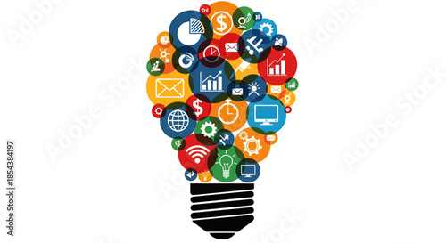 A vibrant vector illustration depicts a lightbulb formed from interconnected, colorful icons, symbolizing innovative ideas and technological solutions on a clean white background.
