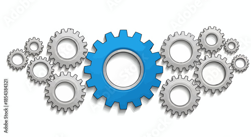 A vector illustration showcases a group of interconnected gears, with a larger blue gear standing out among the smaller silver ones, representing teamwork and innovation.